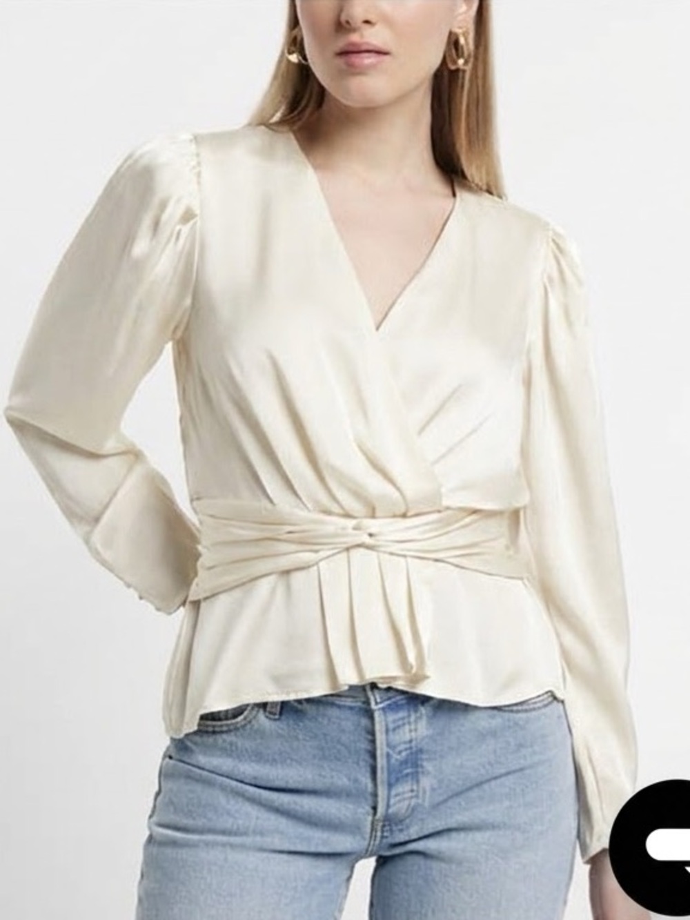 NWT EXPRESS Cream Satin V-Neck Twist Knot Front Peplum Top Small